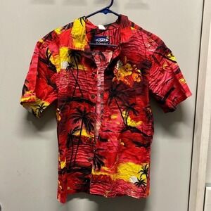 Red and Yellow Aloha Print Palmwave Shirt Small